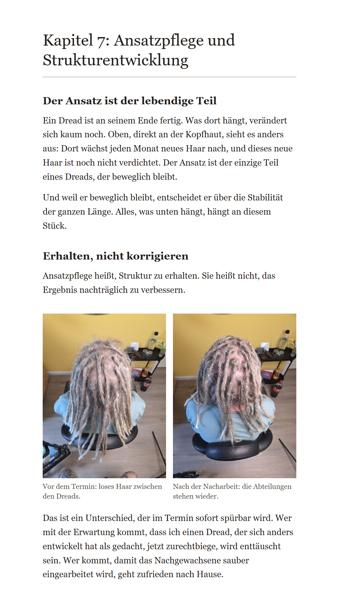 Leseprobe aus Kapitel 7, Ansatzpflege, mit Vorher-Nachher-Fotos